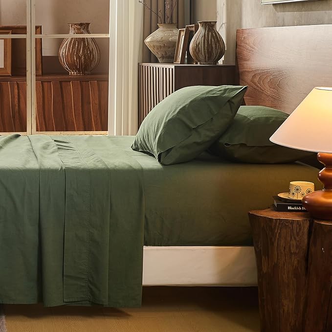 100% Linen Sheet Set Cal King Size Extra Deep Pocket Fits 18-24 Inch Mattress, Breathable & Soft, Smooth 4-Piece Set for Thick Mattresses Hotel Luxury Bedding（Cal King, Forest Green）