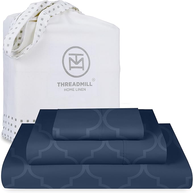 Threadmill Cotton Twin Sheet Set | 100% Cotton Sheets for Twin Size Bed | Damask Jacquard Sateen Twin Bed Sheets Set with 16” Deep Pocket | Soft Breathable 3-Piece Cooling Sheet Set | Folkstone Blue