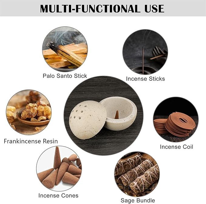 ELLDOO Natural Travertine Incense Cone Holder, Home Decor Handmade Ball Shape Incense Burner for Yoga Meditation SPA Reading, Beige