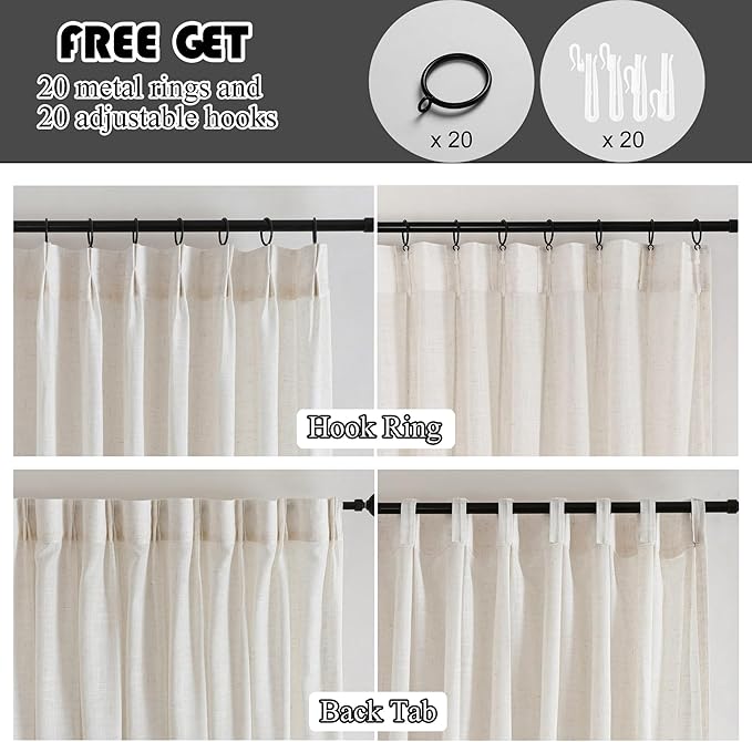Neutral Linen Sheer Pinch Pleated Sliding Door Curtains, 2x50 Inches Width, Ivory Beige Light Filtering Drapes 90 Inches Long, Textured Modern Farmhouse Window Curtain Panels