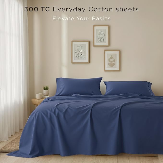 Threadmill Cotton Full Size Sheet Set| 100% Cotton Sheets for Full Size Bed | Solid Sateen Full Bed Sheets Set with 16” Elasticized Deep Pocket | Soft Breathable 4pc Cooling Sheet Set | Folkstone Blue