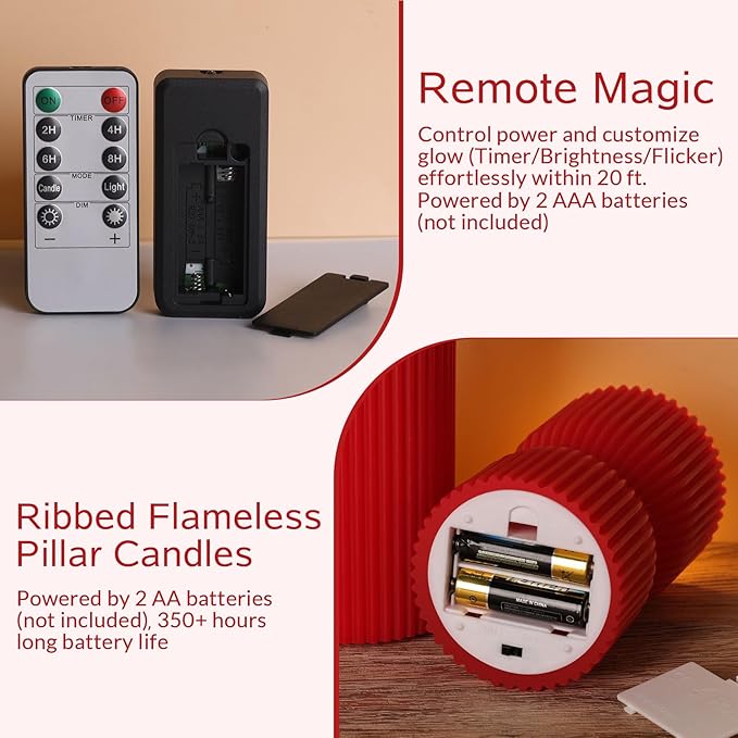 Red Ribbed Flameless Pillar Candles with Remote, Christmas LED Wax Candles Flickering Battery Powered Set of 2