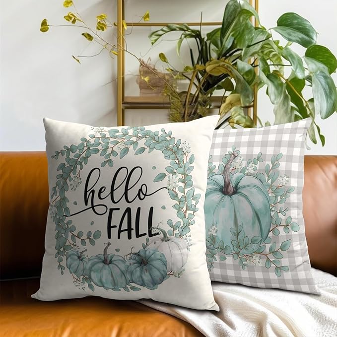 Fall Pumpkin Throw Pillow Covers - Autumn Harvest Pillow Covers 20x20 Teal Grey Pumpkins Pillow Cases Thanksgiving Cushion Case for Farmhouse Porch Patio Outdoor Indoor Home Decor