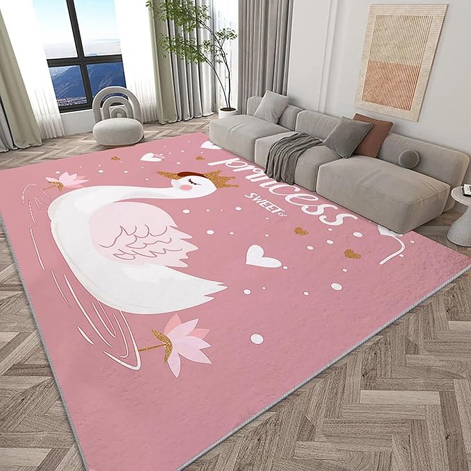 Area Rug for Living Room 7x8 ft Cartoon Swan Princess Peach Washable Low Pile Rugs Indoor Non Slip Floor Rugs, Ultra Soft Faux Wool Carpet for Bedroom Dining Room Kids Room