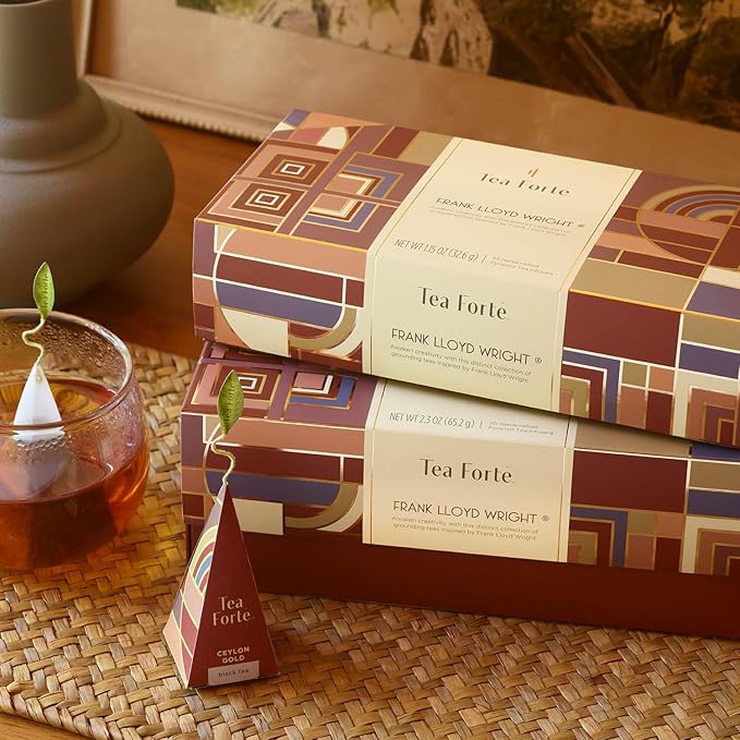 Tea Forte Frank Lloyd Wright Presentation Box Tea Gift Set Sampler, 20 Count 2 of Each Variety Individually Wrapped Handcrafted Pyramid Infuser Bags