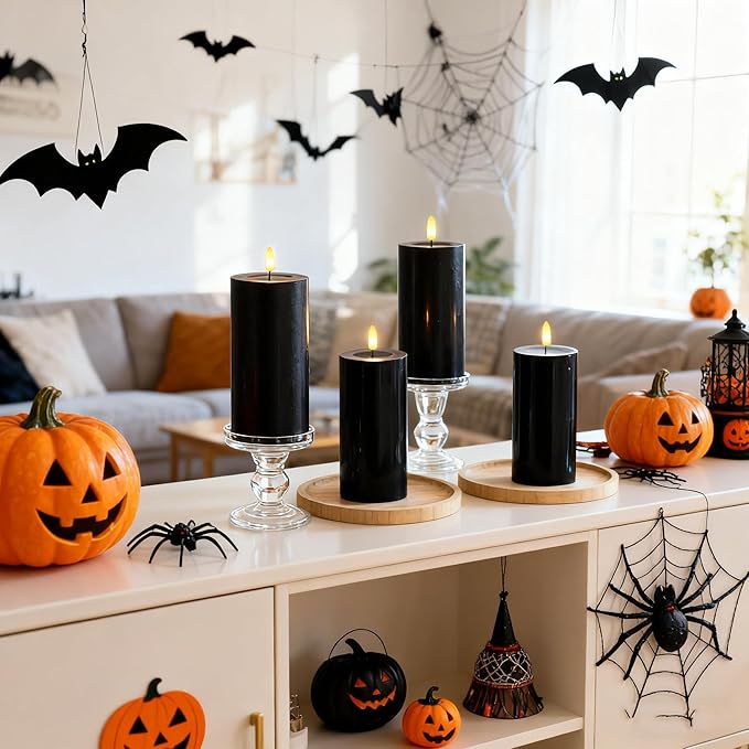 4 Packs Flameless Candles, Black Battery Operated Candles, Black Halloween LED Candles, Real Wax Flickering Candlelights with Remote for Home Fall Halloween Christmas Party Candelabra