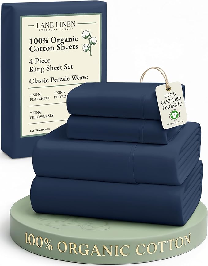 LANE LINEN 100% Organic Cotton Fully Elasticized King Sheet Set, Low Pilling Fade Resistant Machine Washable Naturally Cooling King Bedding Set, Soft & Comfy Cotton Sheets - Navy
