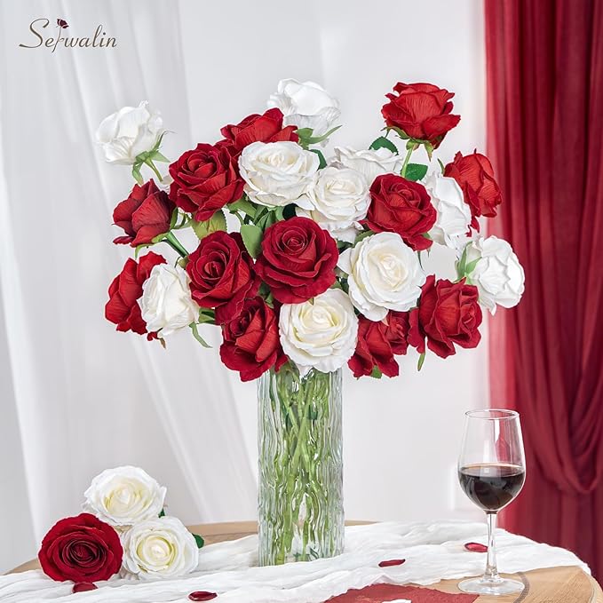 Serwalin 20pcs Artificial Red and White Roses, 4'' Big Flower Head, Fake Roses Velvet Real Touch, Silk Roses Long Stems Realistic Bouquet for Wedding Table Centerpiece and Home Decor
