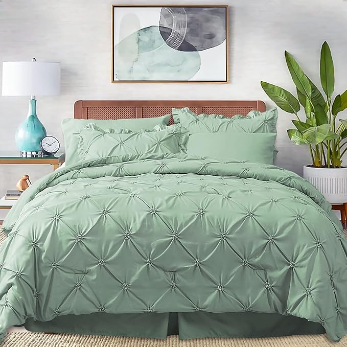 JOLLYVOGUE King Size Comforter Set 7 Pieces, Green Bed in a Bag Comforter Set for Bedroom, Beddding Sets with Comforter, Sheets,Ruffled Shams & Pillowcases