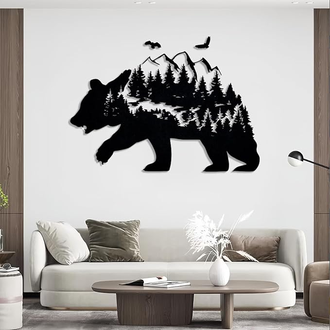 Metal Bear Wall Decor, Mountain And Forest Metal Wall Art, Nature Landscape Decor, Bear Wall Art, Metal Mountain Range, Scandinavian Decor, Large Metal Art Wall Decor, Housewarming Gift (26"x41"|67x105cm, Silver)