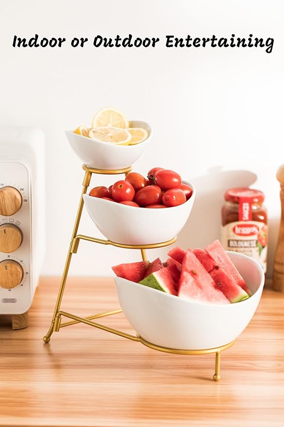 LAUCHUH 3 Tier Serving Stand Serving Dishes for Entertaining Porcelain Oval Bowl Set Tiered Serving Tray for Fruit, Vegetable, Nuts, Salad, Chip Dip Bowl Set for Thanksgiving, Christmas, Gold