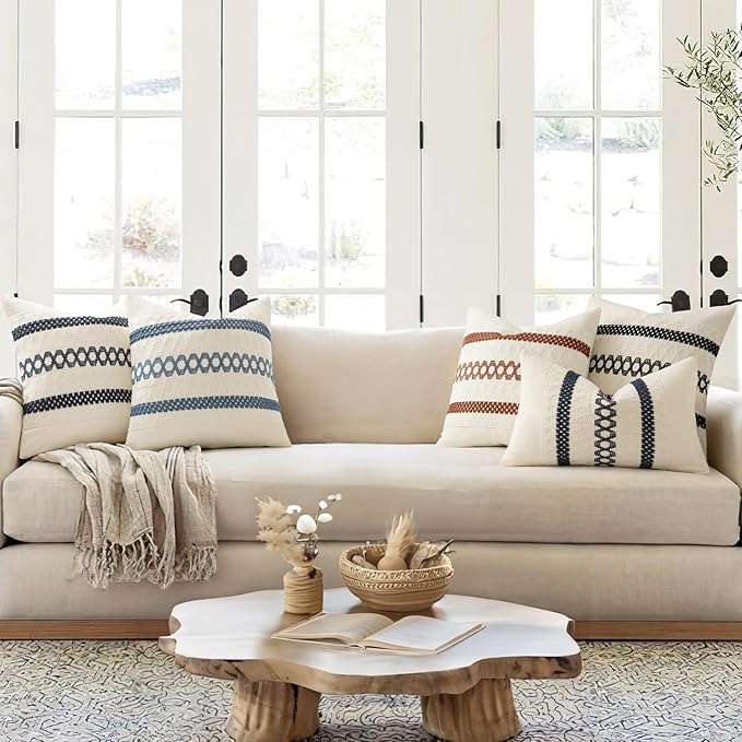 MIULEE Set of 2 Coastal Blue Boho Decorative Lumbar Pillow Covers 12x20 Inch Farmhouse Rustic Couch Throw Pillows Modern Summer Cushion Covers Retro Cute Macrame Woven Home Decor for Bed Sofa Chair