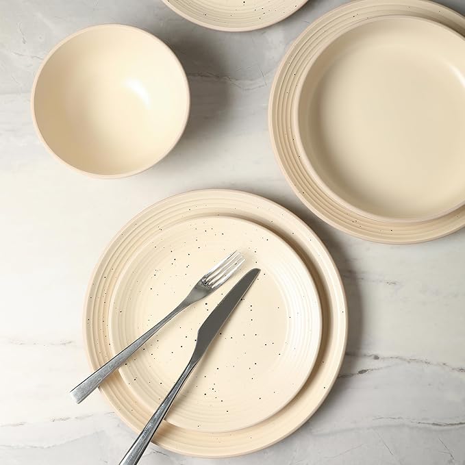 Stone Lain Lauren Modern Stoneware 32-piece Round Dinnerware Set, Plates and Bowls Set, Dish set for 8, Beige
