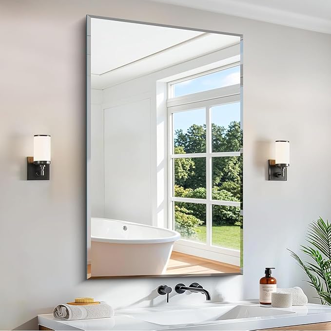 Beveled Bathroom Mirror, 30x48 Large Frameless Mirrors for Over Sink, Upgraded Shatterproof Beveled Frameless Vanity Mirror for Bedroom, Living Room and Entryway (Horizontal/Vertical)