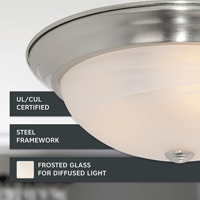 DESIGNERS FOUNTAIN Reedley 2-Lights Flush Mount Ceiling Light, 13 Inch Lighting Fixture for Kitchen, Bedroom, Bathroom, and Hallway, White Alabaster Glass, Satin Platinum, 1257M-SP-AL
