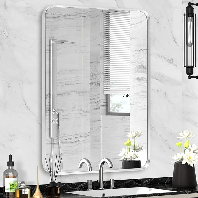 Silver Framed Bathroom Mirror, Brushed Nickel Rounded Corner Rectangle Wall Mirror, Tempered Glass, Shatter Proof, Anti-Rust, Hangs Horizontally or Vertically (22" x 30", Silver)