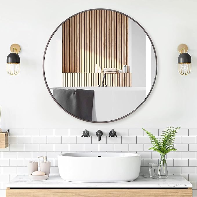 24 inch Round Titanium Mirror Wall Decor, Brushed Dark Grey Metal Framed Circle Mirror for Bathroom Vanity, Bedroom Decor, Living Room, Entryway
