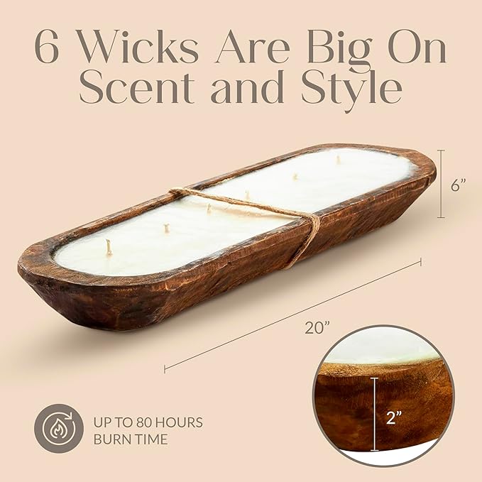 Dough Bowl Candle Co. Gardenia Tuberose Soy Candle - 6 Wick Rustic Farmhouse Coffee Table Decor, Odor Eliminator in Wooden Bowls, 32 Ounce Wooden Dough Bowl Candle, All-Natural Gifts for Women or Men
