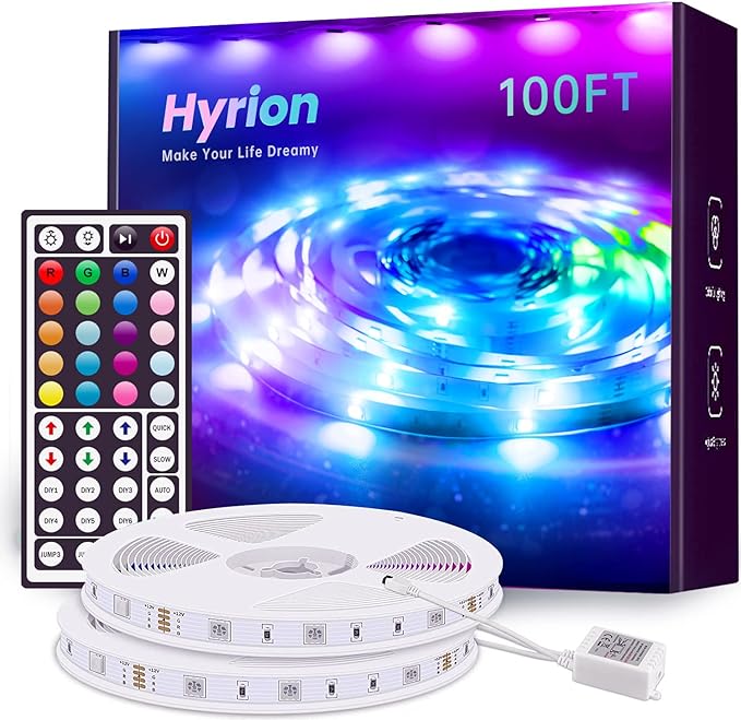 hyrion 100ft LED Strip Lights, Ultra Long SMD 2835 Led Lights Strip with 44 Key Remote,24 Volt Dimmable RGB Color Changing Tape Lighting for Bedroom,Living Room,Home Decor(44 Key Remote+50ft*2)