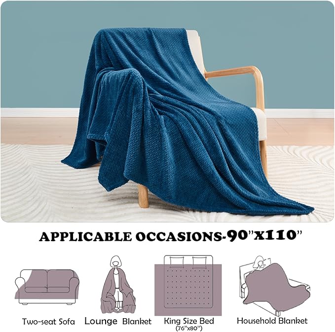 NEWCOSPLAY Super Soft King Blanket Navy Blue Premium Silky Flannel Fleece Leaves Pattern Lightweight Bed Blanket All Season Use (Navy Blue, King(90"x110"))