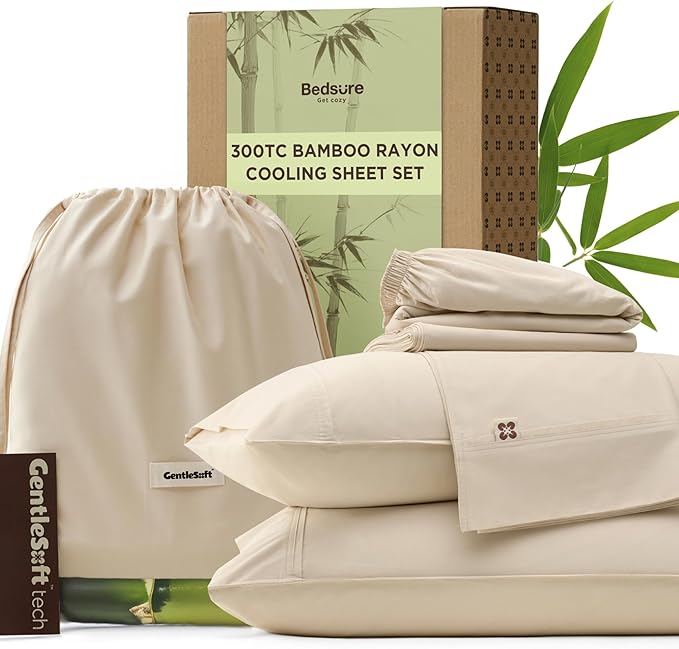 Bedsure Cooling Sheets, Rayon Derived from Bamboo & Cotton Blend, GentleSoft, Breathable, King Size Sheets Set, Deep Pocket Up to 18 Inches, Hotel Luxury Bedding for Hot Sleepers, Beige