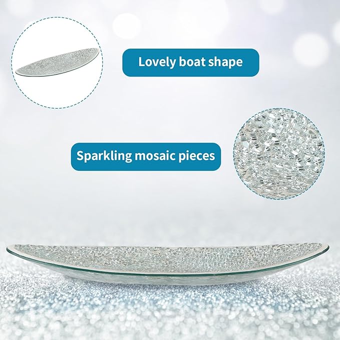MDLUU Small Glass Mosaic Decorative Silver Boat Shaped Tray, Living Room Table Centerpiece Bowl, Home Decor Accent Plate for Orbs, Candles, Potpourri