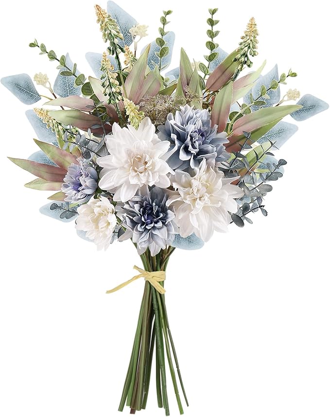 2 Pcs Fake Artificial Flowers Bouquet for Decoration, Silk Flower Arrangements Faux Flowers Plant Wedding Bride Bouquets Tables Centerpieces for Home Decor Indoor Vase Floral Table Decor (Blue White)