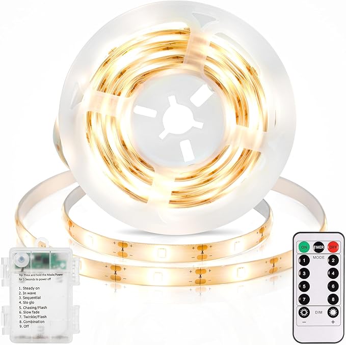echosari 3.3FT Strip Lights Battery Operated, 2700K Tape Light with Self-Adhesive Timer Dimmable Cuttable Remote Control for Indoor Stairs Cabinets Shelves TV Home Decor (Warm White)