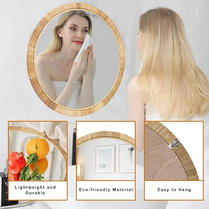 Rattan Wall Mirror, 24in Round Mirror for Wall, Natural Rattan Frame Boho Mirror for Farmhouse Bedroom Checkroom Livingroom Decor