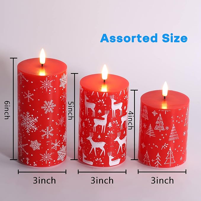 Eywamage Red Christmas Flameless Pillar Candles with Remote, Reindeer Snowflakes Tree LED Wax Candles Set of 3