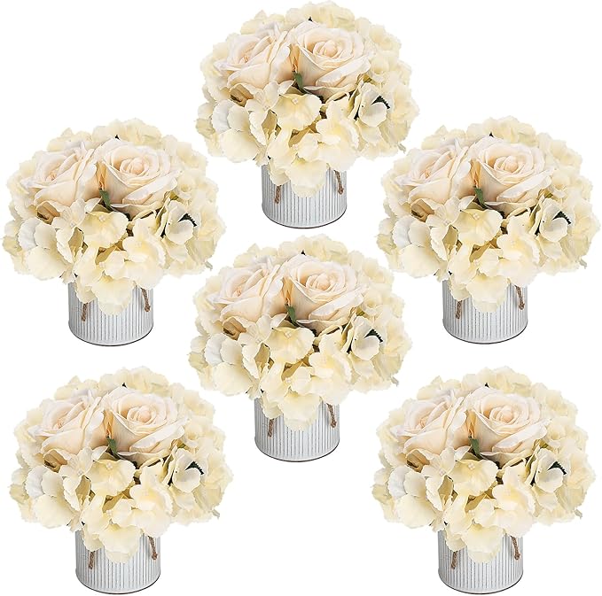 Flower Table Centerpieces - Set of 6 Floral Arrangement Artificial Wedding Hydrangeas Floral Arrangement with Rustic Metal Vase for Bridal Tea Party Event Decorations - Champagne
