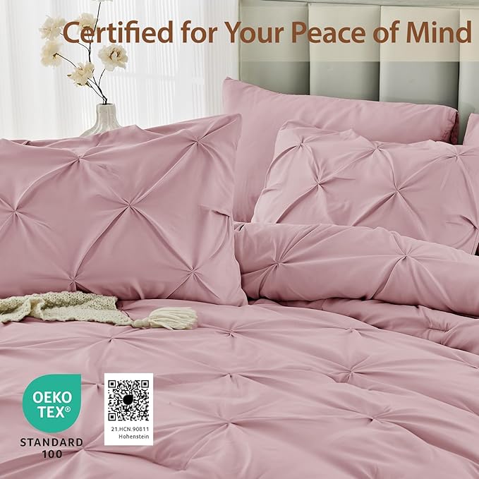 Sasttie Full Size Comforter Set, 7-Piece Bed in a Bag, Pintuck Bedding Set for All Season, Includes Comforter, Flat Sheet, Fitted Sheet, Pillowcases and Pillowshams, Baby Pink
