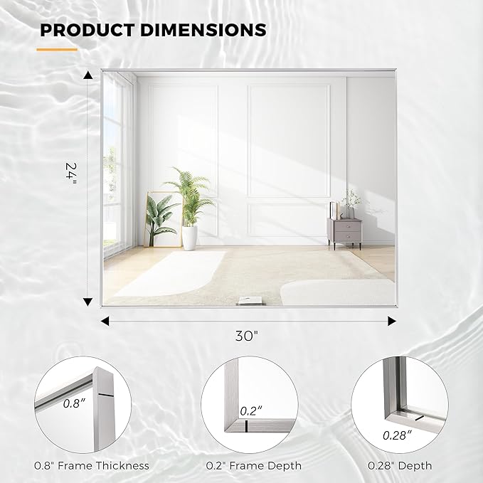 24x30 Inch Nickel Bathroom Mirror for Wall, Aluminum Frame Rectangle Rectangular Vanity Mirror, Modern Large for Bedroom, Living Room, Horizontal or Vertical