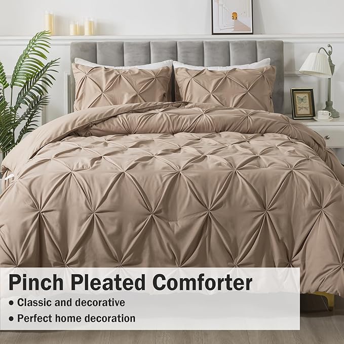 Andency California King Comforter Set Taupe (104x96Inch), Pinch Pleat Cal King Comforter Set 3 Pieces, Oversized King Pintuck Bed Comforter, Microfiber Down Alternative Comforter Bedding Set