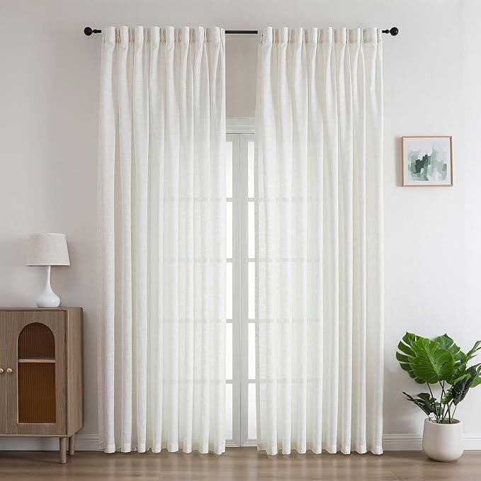 Neutral Linen Sheer Pinch Pleated Sliding Door Curtains, 2x50 Inches Width, Ivory Beige Light Filtering Drapes 84 Inches Long, Textured Modern Farmhouse Window Curtain Panels