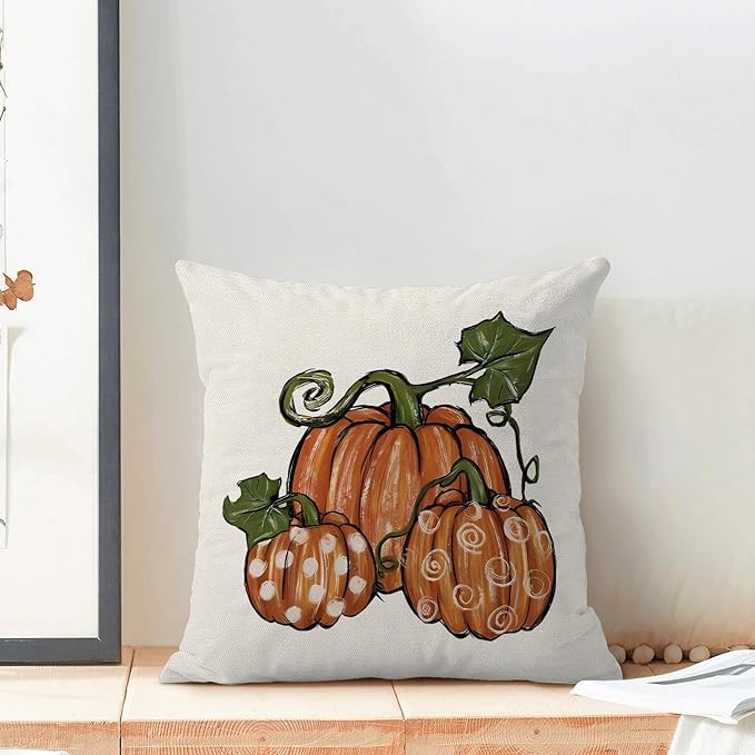 Fall Pillow Covers 16 x 16 Inch, Polka Dots Burnt Orange Pumpkins Decor Throw Pillows for Home Couch Bed, Autumn Thanksgiving Harvest Outdoor Decorative Pillowcase Linen Cushion Cover Set of 2