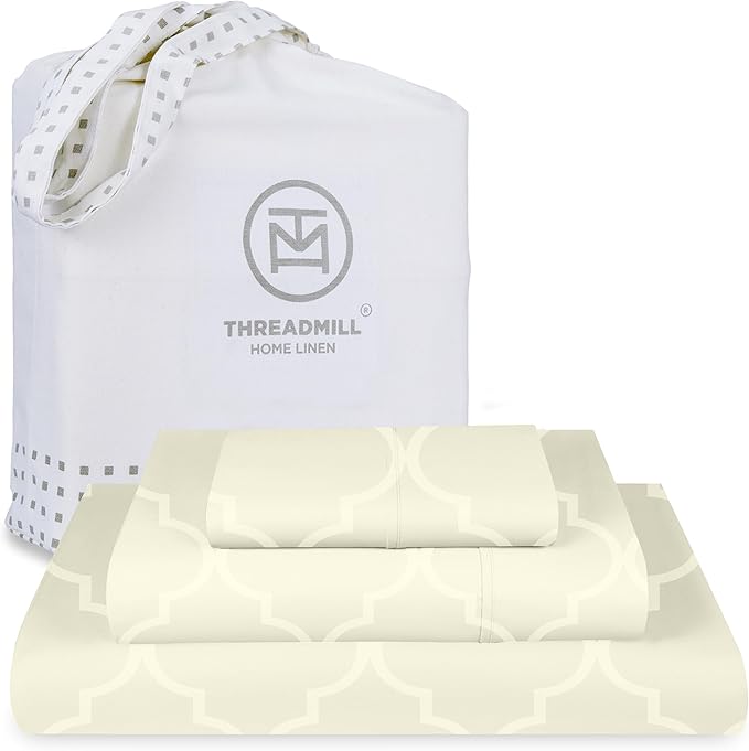 Threadmill Cotton Twin Sheet Set | 100% Cotton Sheets for Twin Size Bed | Damask Jacquard Sateen Twin Bed Sheets Set with 16” Deep Pocket | Soft Breathable 3-Piece Cooling Sheet Set | Ivory