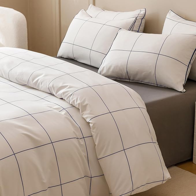 KAREVER White Grid Comforter Cal King Women White with Navy Blue Square Lines Checkered Bedding Set California King White Plaid Comforter Cal King Size