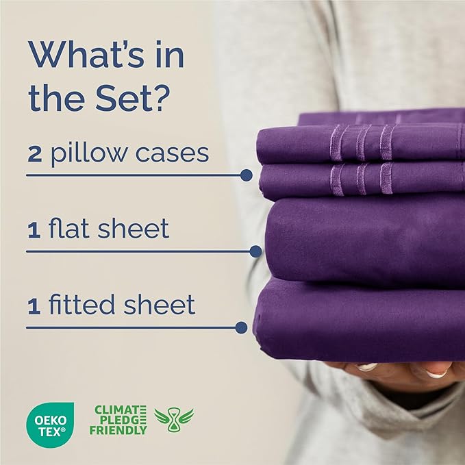 King Size 4 Piece Sheet Set - Comfy Breathable & Cooling Bed Sheets Set - Hotel Luxury Bedding for Women, Men, Kids, Teens, Boys & Girls - Deep Pockets, Ultra-Soft, Wrinkle Free - Oeko-Tex - Purple