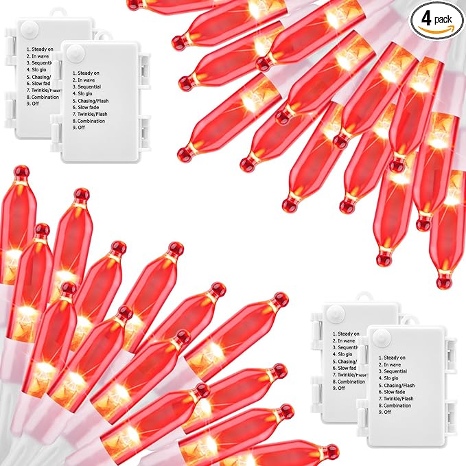 Red String Lights Battery Operated, 4 Pack 8 Feet 20 LED String Lights with 8 Modes Waterproof Tree Lights for Outdoor Indoor Holiday Party Garden Tree Decorations