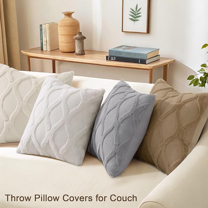 decorUhome Set of 4 Throw Pillow Covers 16x16 Inch, Neutral Decorative Soft Plush Faux Wool Couch Pillow Covers, Farmhouse Pillow Cases for Living Room Bed Sofa (Cream/Khaki)