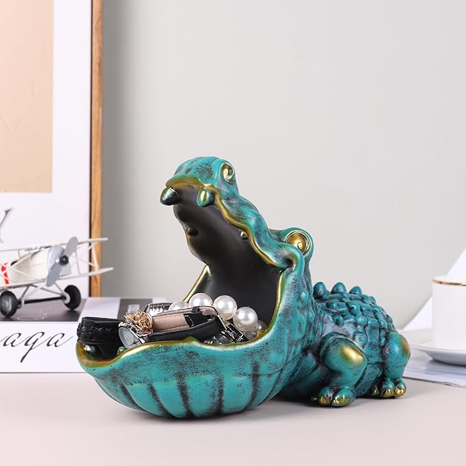 Alligator Statue Key Bowl, Fun Animal Statue Candy Dish for Entryway Decorative Bowl, Office Candy Dish, Big Mouth Sculpture Home Living Room Trinket Container Storage Box (Green)