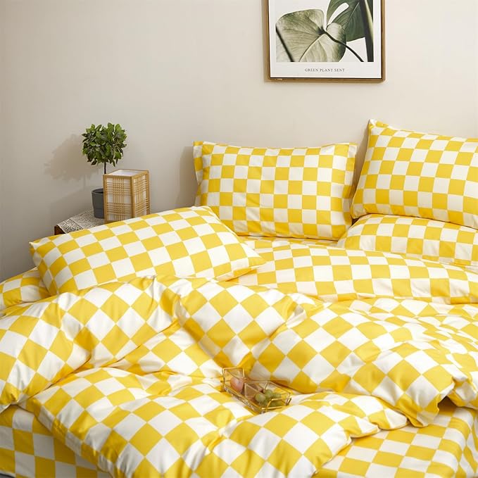 KAREVER Yellow White Grid Comforter Set Queen Yellow Plaid Bedding Set Women Yellow and White Checkered Bed Comforter Set Breathable Blanket Set Men Durable Bedding Comforter Set