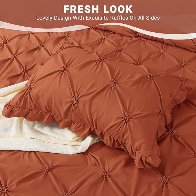 JOLLYVOGUE Burnt Orange Full Size Comforter Sets 7 Pieces, Pintuck Bed in a Bag Comforter Set for Bedroom, Bedding Comforter Sets with Comforter, Sheets,Ruffled Shams & Pillowcases