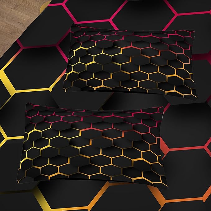 Tailor Shop Honeycomb Comforter Set Queen Size Geometric Hexagon Bedding Set for Kids Boys Teens Room Decor Yellow Red Black Neon Lights Comforter with 2 Pillowcases…