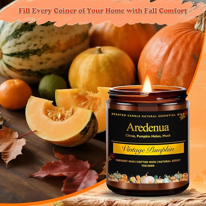 Fall Candles - Vintage Pumpkin Candle | Halloween Candles Pumpkin Scented, 7oz Autumn Soy Candle for Home Scented, 50 Hours Burn Time, Halloween Fall Thanksgiving Gifts for Women Men