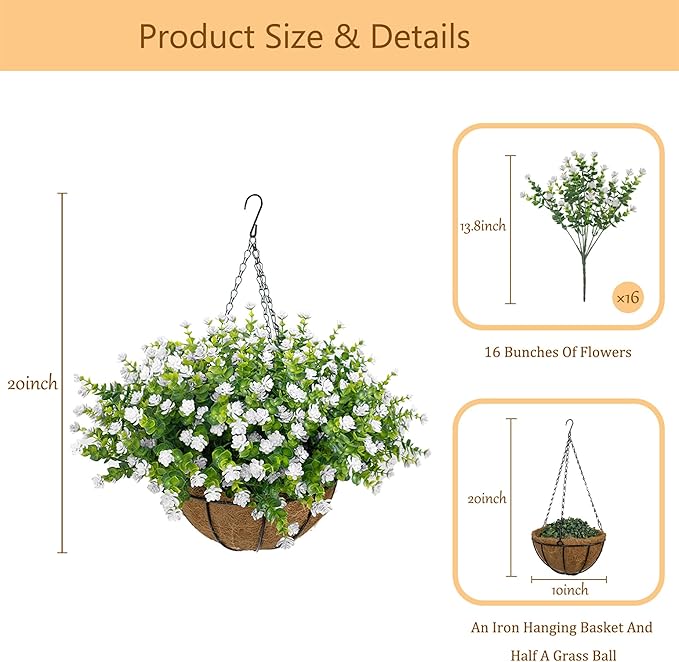 Artificial Hanging Flowers Basket for Outdoor, 16 Fake Flowers Look Real UV Resistant, Faux Hanging Plants for Porch, Balcony, Patio, Garden, Spring Summer Decor,White