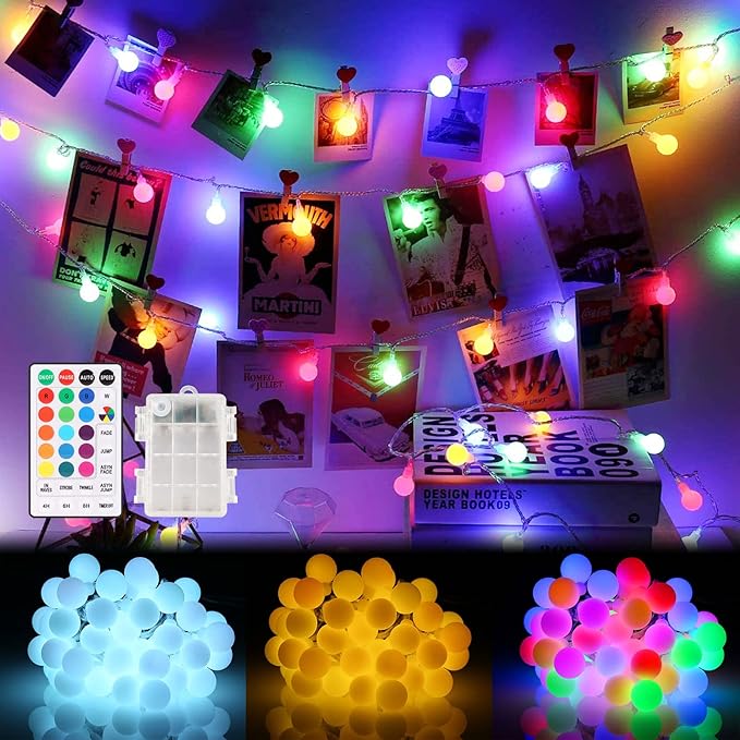 ALOVECO LED String Lights 16ft 50 LED Battery Operated String Lights Color Changing with Remote Waterproof Globe Starry Fairy Lights for Outdoor Indoor Bedroom Garden Party (RGB)