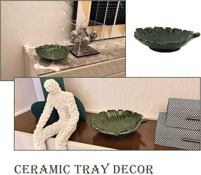 Green Decorative Tray Small Palm Leaf Style for Entryway Table Ceramic Leaf Tray for Kitchen Decor Cocktail Table Decoration