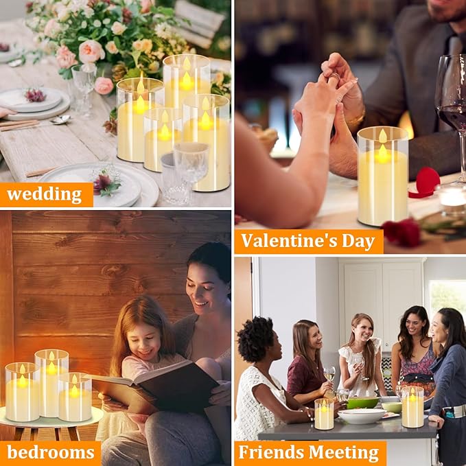 Flameless Candles 4" 5" 6" Set of 3 Acrylic Glass Pillars 3" Diameter Battery Operated Flickering Candles Include Remote with Timer for Home Decor Wedding Festival Cafe Restaurant Decor